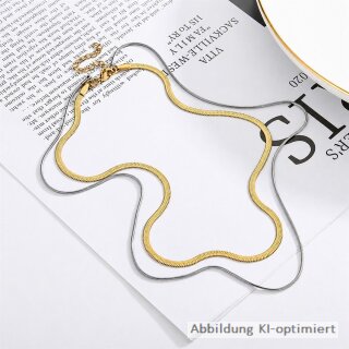 Zweireihiges Edelstahlcollier bicolor gelb/weiß poliert mit Schlangenkette, breiter Kette und Karabinerverschluss 40+5cm