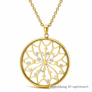 Goldfarbene Edelstahlkette mit rundem Mandala-Anhänger, Glas und beweglichen Zirkonia
