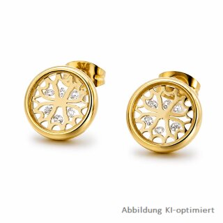 Goldfarbene Ohrstecker aus Edelstahl PVD mit Mandala-Design und beweglichen Steinchen