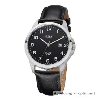 Regent Herrenuhr F-1008 – klassische Quarzuhr mit schwarzem Zifferblatt und Lederarmband