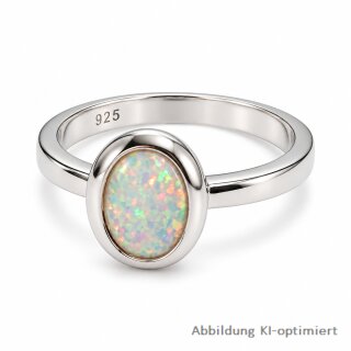 Eleganter Damenring aus rhodiniertem 925 Sterling Silber mit synthetischem Opal, Ringkopf ca. 11 mm