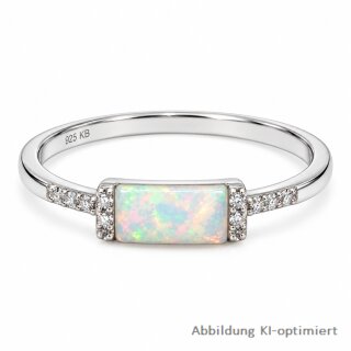 Eleganter Damenring aus rhodiniertem 925 Sterling Silber mit synthetischem Opal und Zirkonia