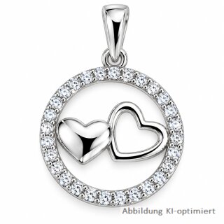 Doppel-Herzanhänger Silber 925 rhodiniert mit Zirkonia – Zwei Herzen im Kreis, 22 × 16 mm
